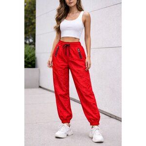 NWT MSGM Milano Crinkled Elastic Waist Drawstring Joggers Red Streetwear Size 42